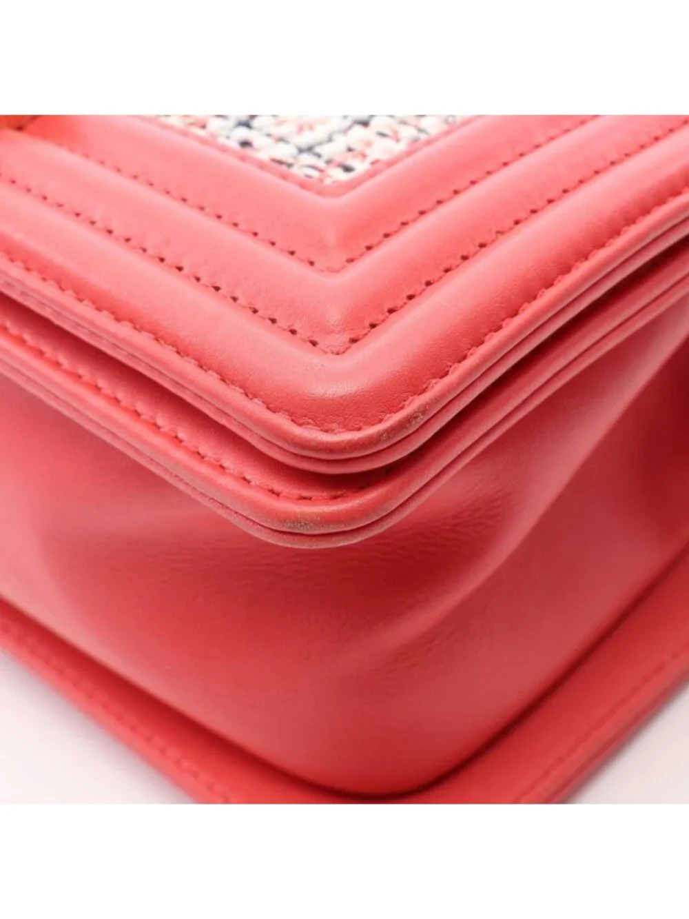 Chanel Shoulder Bag Boy Small Coral Pink White Fabric Leather Boy Stitch Pearl